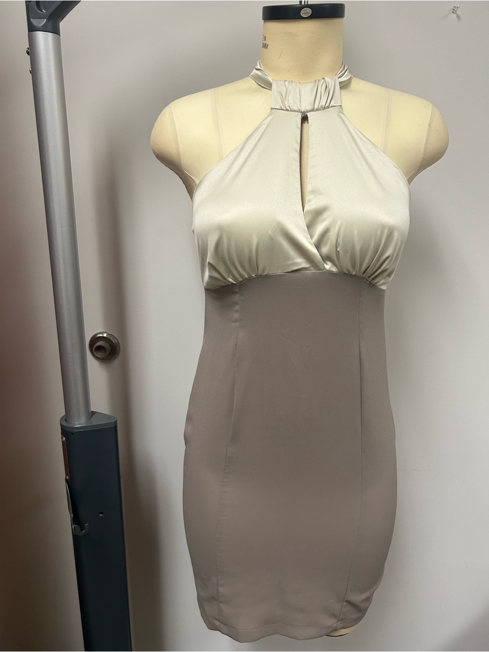 Two-Tone Halter Mini Dress in Cream and Taupe